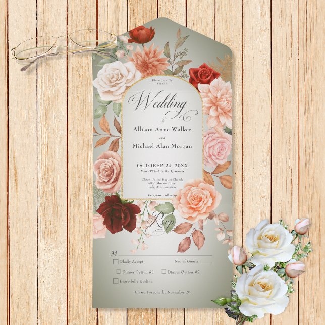Invitation Tout En Un Dîner Rustique Boho Rust & Peach Floral Arch Sage (Also available with a QR code or without dinner selection options.)