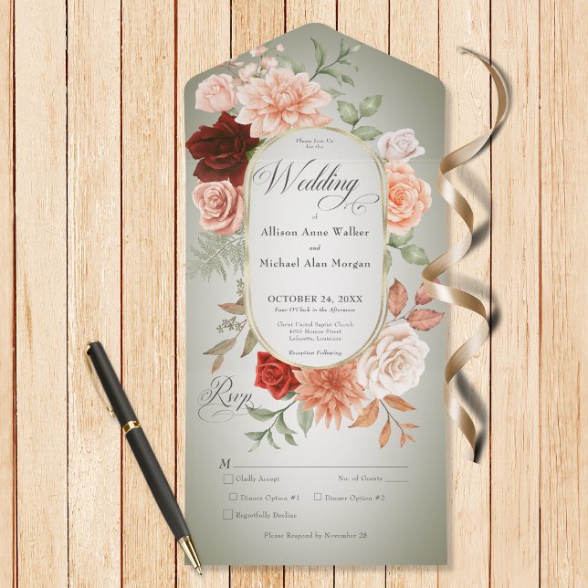 Invitation Tout En Un Dîner Rustique Boho Rust & Peach Floral Oval Sage (Also available with a QR code or without dinner options.)