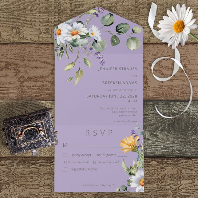 Invitation Tout En Un Dîner Rustique Daisy & Lavender Floral Purple (Créateur téléchargé)