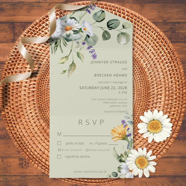 Invitation Tout En Un Dîner Rustique Daisy & Lavender Floral Sage Green (Créateur téléchargé)