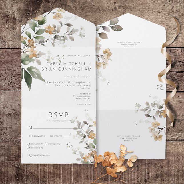 Invitation Tout En Un Dîner Rustique Délicat Tan Fall Fleur sauvage (Rustic Delicate Tan Fall Wildflowers All In One Wedding Invitation with Dinner Options)