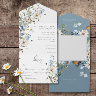Invitation Tout En Un Dîner Rustique Dusty Blue Fleurs sauvages & Daisys