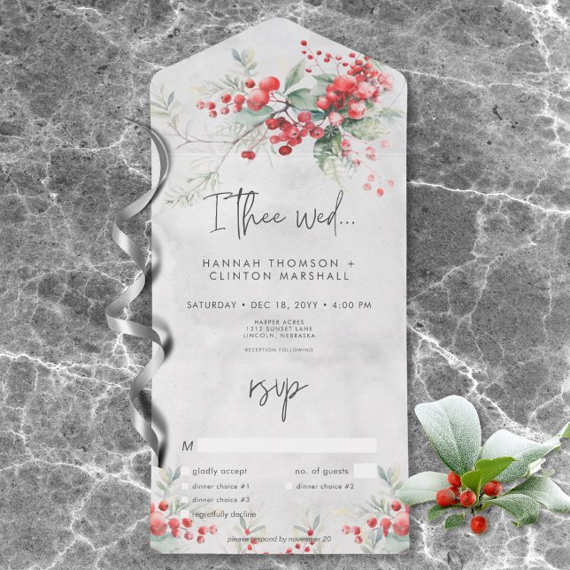 Invitation Tout En Un Dîner Rustique hiver Holly & Pine Mariage (Rustic Winter Berries & Pine Wedding Dinner All In One Invitation)