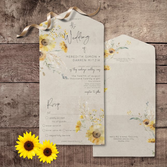 Invitation Tout En Un Dîner Rustique Jaune & Brown Été Tournesol (Rustic Yellow & Brown Summer Sunflower All In One Wedding Invitation with Dinner Options)