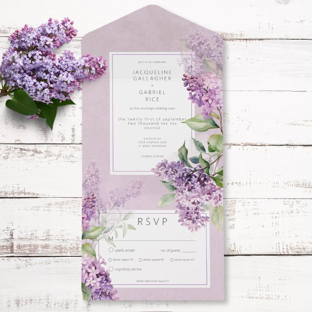 Invitation Tout En Un Dîner Rustique Romantique Violet & Sage Lilacs (Rustic Romantic Purple & Sage Lilacs Dinner All In One Invitation)