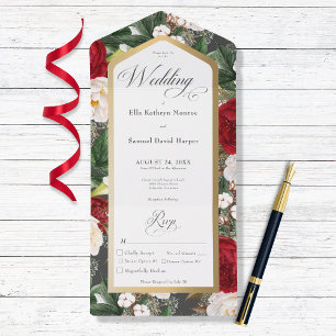 Invitation Tout En Un Dîner Rustique Rouge & Blanc Floral Gold Frame