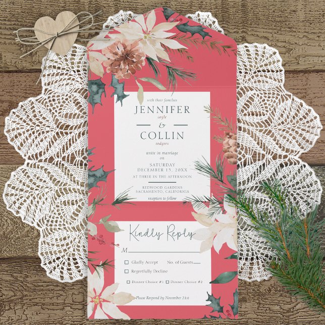 Invitation Tout En Un Dîner Rustique rouge pin de Noël (Créateur téléchargé)