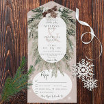 Invitation Tout En Un Dîner Rustique Tan Pine Winter Étincelant<br><div class="desc">ÉGALEMENT DISPONIBLE AVEC UN CODE QR À ANALYSER. Ce décor est orné d'un bouquet rustique de pin vert et de pinecone sur un arrière - plan beige clair et doux aux fleurs blanches. Il est agrémenté d'une couverture brillante blanche pour illustrer la magie des belles vacances d'hiver. Parfait pour un...</div>