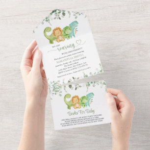 Invitation Tout En Un Dinosaures mignons, T-Rex, Jurassique, Baby shower