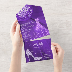 Invitation Tout En Un Disco Ball, Stiletto, Ball Gown Purple Quinceañera