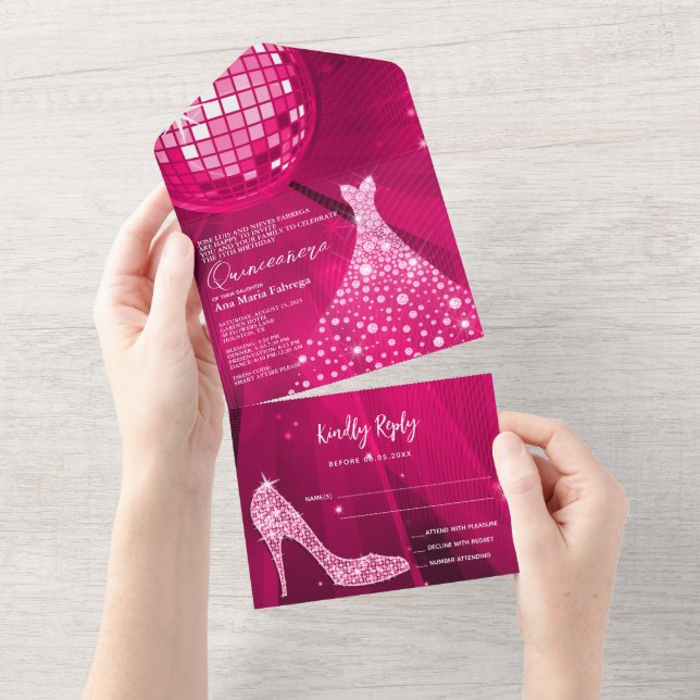 Invitation Tout En Un Disco Ball, Stiletto et Ball Gown rose Quinceañera (Déchirure)