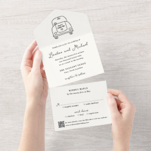 Invitation Tout En Un Doodle de voiture traîné à la main QR Code Mariage