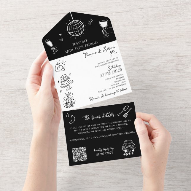 Invitation Tout En Un Doodle main tiré tout en un noir blanc QR Code (Déchirure)