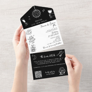 Invitation Tout En Un Doodle main tiré tout en un noir blanc QR Code