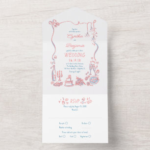 Invitation Tout En Un Doodles Dessinés à la main Funky Quirky Mariage mo
