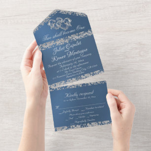 Invitation Tout En Un Double Coeur & Parties scintillant - Bleu