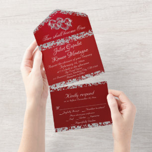 Invitation Tout En Un Double Coeur & Parties scintillant - Rouge Crimson