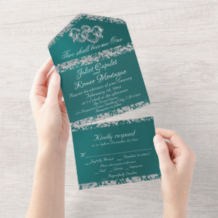 Invitation Tout En Un Double Coeur & Parties scintillant - Turquoise