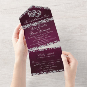 Invitation Tout En Un Double Coeur & Parties scintillant - Violet