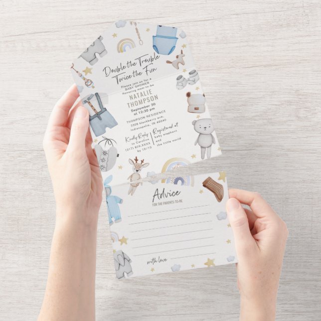 Invitation Tout En Un Double Trouble Twin Boys & Conseil Baby shower (Déchirure)