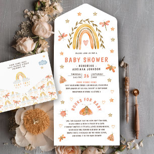 Invitation Tout En Un Douce Aquarelle Bohème Arc-en-Ciel Insectes Baby S