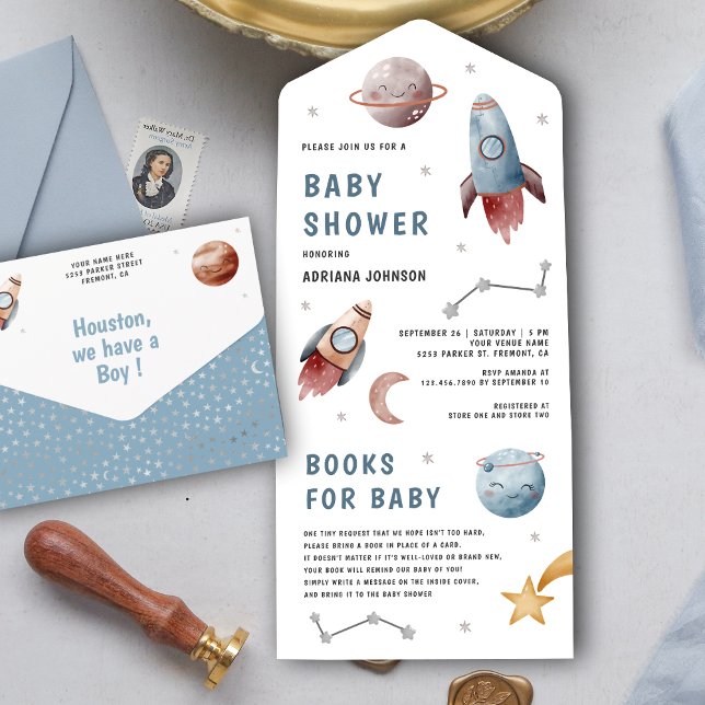 Invitation Tout En Un Douce Fête de Bébé Fusée Planètes Espace Rustique (Créateur téléchargé)