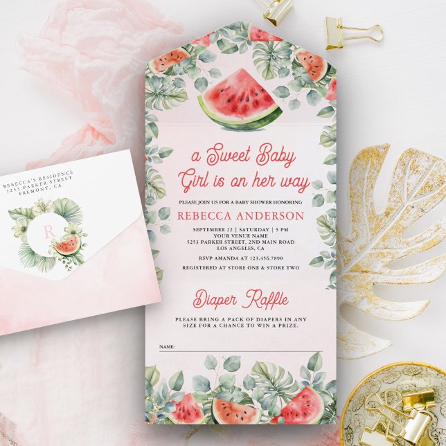 Invitation Tout En Un Douce Fille au Pastèque Mignon Baptême de Bébé (Créateur téléchargé)