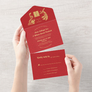 Invitation Tout En Un ©Dragon-Phoenix Red Gold Chinese Wedding