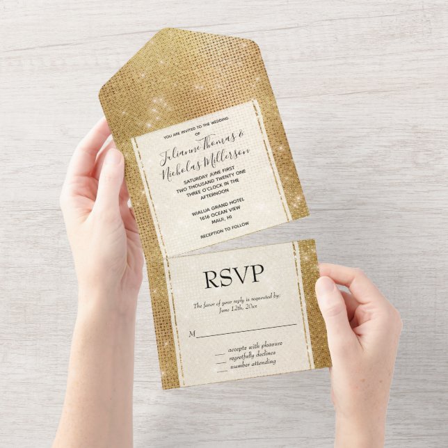 Invitation Tout En Un Dreamy Glitzy Gold Sparkle Mariage (Déchirure)