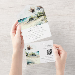Invitation Tout En Un Dusky Coastal Palm Beach Mariage QR Code