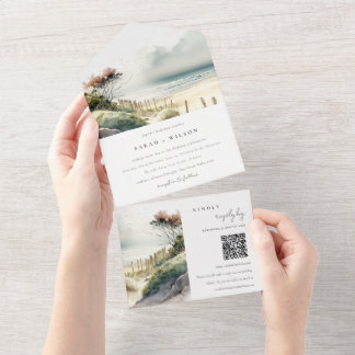 Invitation Tout En Un Dusky Coastal Sand Beach Seascape Mariage QR Code
