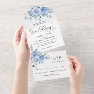 Invitation Tout En Un Dusty Baby Light Bleu Floral Mariage botanique