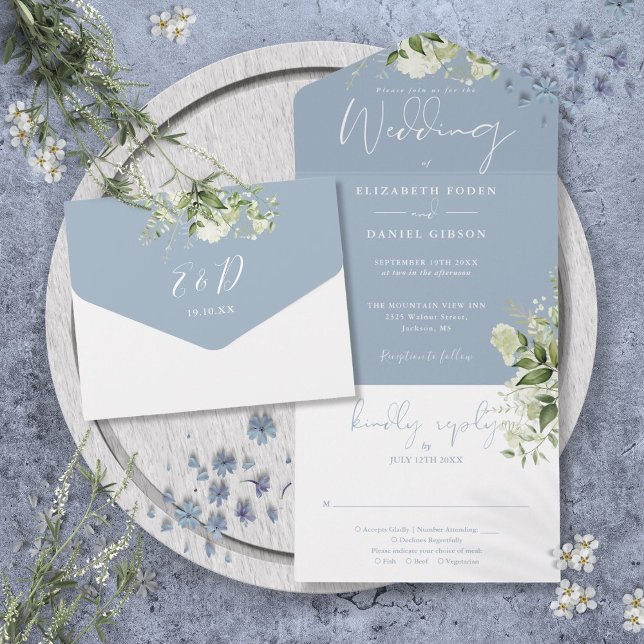 Invitation Tout En Un Dusty Bleu Botanique Verdure Monogramme Mariage (Dusty Blue Botanical Greenery Monogram Wedding All In One Invitation)