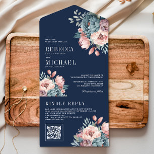 Invitation Tout En Un Dusty bleu et rose Floral Code QR Mariage Marine