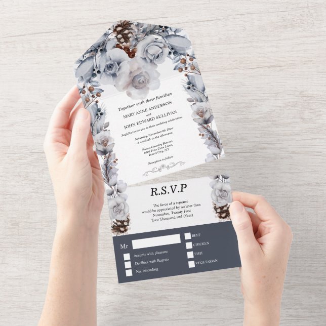 Invitation Tout En Un Dusty bleu gris hiver glace rose cône de pin maria (Déchirure)