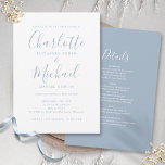 Invitation Tout en un Dusty Bleu Simple Mariage de script chi<br><div class="desc">Avec des noms de style signature,  cette élégante faire-part de mariage bleue poussiéreuse peut être personnalisée avec toutes vos informations spéciales sur le jour de mariage au verso,  y compris votre RSVP,  l'hébergement et des détails supplémentaires. Conçu par Thisisnotme©</div>