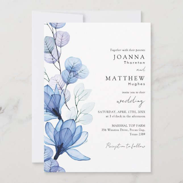 Invitation Tout en un Dusty bleu transparent Mariage floral (Devant)