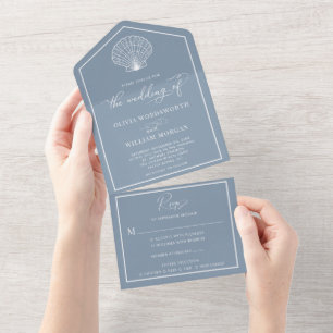 Invitation Tout En Un Dusty Blue Beach Seashell Mariage côtier