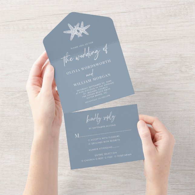 Invitation Tout En Un Dusty Blue Beach Starfish Minimal Mariage (Déchirure)