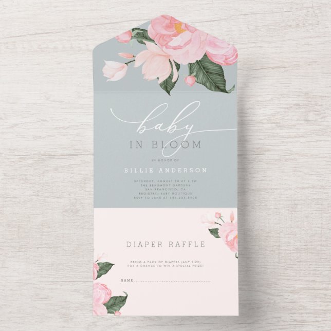 Invitation Tout En Un Dusty Blue Blush Floral Girl Baby in Bloom Douche (À l'intérieur)