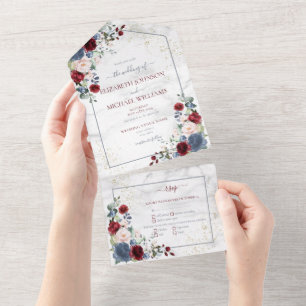 Invitation Tout En Un Dusty Blue Bourgogne Blush Gold FlorMariage