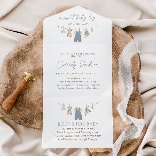 Invitation Tout En Un Dusty Blue Boy Baby Clothes Baby Shower (Créateur téléchargé)