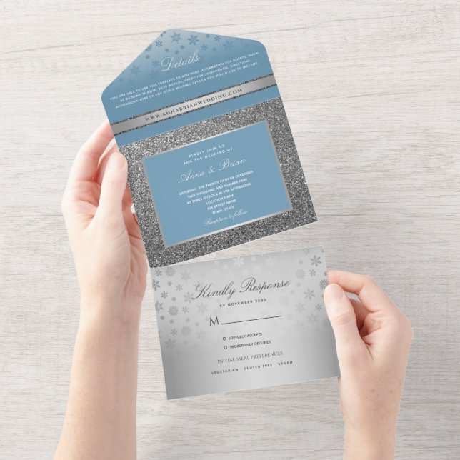 Invitation Tout En Un Dusty Blue Calligraphy Mariage (Déchirure)