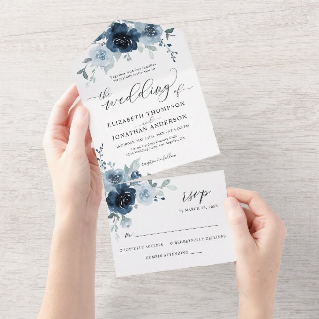Invitation Tout En Un Dusty Blue Dark Navy Détails du Mariage floral RSV (Déchirure)