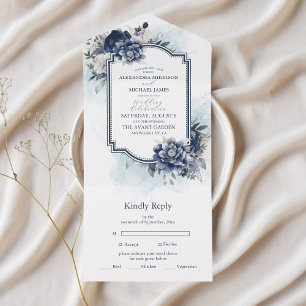 Invitation Tout En Un Dusty Blue et Navy Floral Mariage élégant