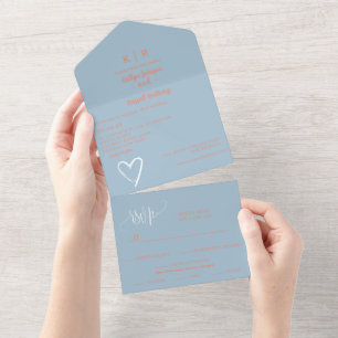 Invitation Tout En Un Dusty Blue et Peach All in One Wedding Inviter