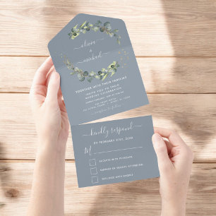 Invitation Tout En Un Dusty Blue Eucalyptus Verdure Mariage Élégant