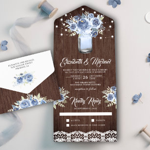 Invitation Tout En Un Dusty Blue Floral dentelle Mason Jar Barn Mariage