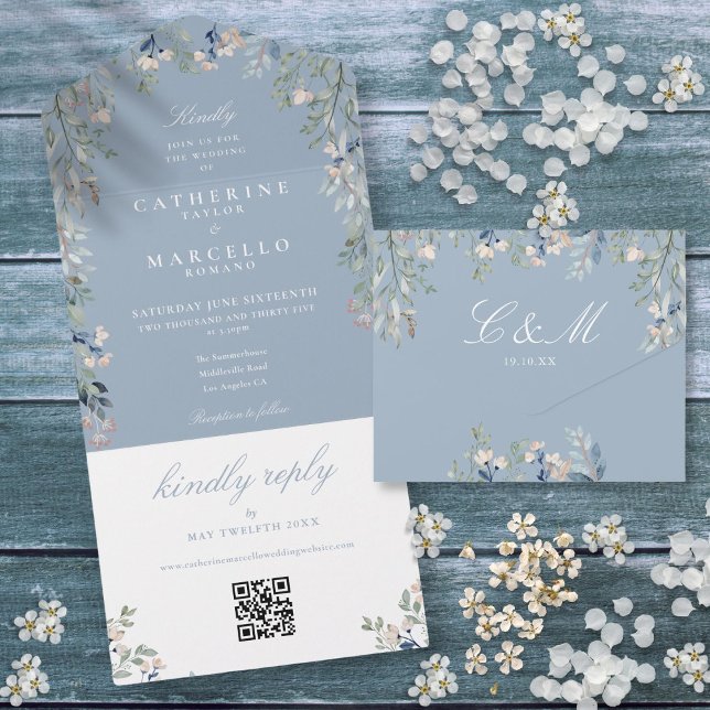 Invitation Tout En Un Dusty Blue Floral Greenery QR Code Mariage (Dusty Blue Floral Greenery QR Code Wedding All In One Invitation)