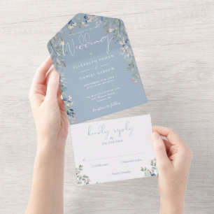 Invitation Tout En Un Dusty Blue Floral Greenery Script Mariage